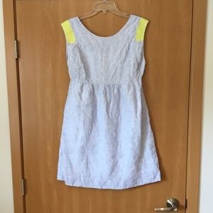 J Crew blue linen dress with yellow embroidery
